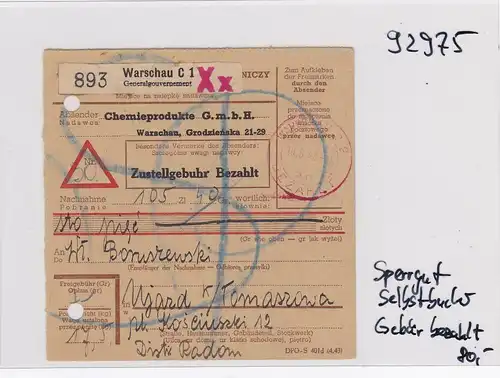 GG: Paketkarte Warschau, Gebühr bezahlt - kleiner Stempel, Nachnahme, Sperrgut