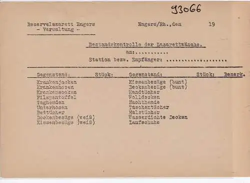 Carte d'accueil de l'hôpital de réserve Engers/Rhein et contrôle des stocks