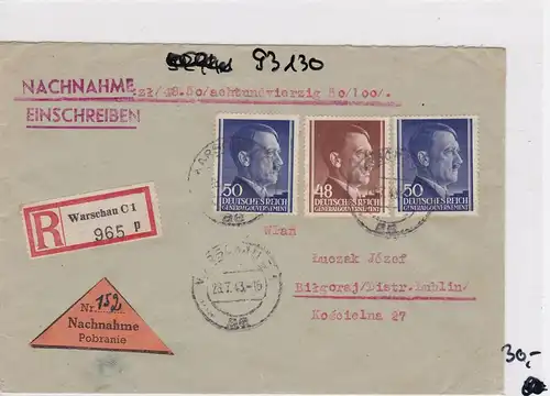 GG: Nachnahme-Einschreiben Brief von Warschau nach Lublin