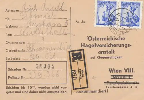 Autriche: 1957: Carte recommandée par Nieder-Thalheim