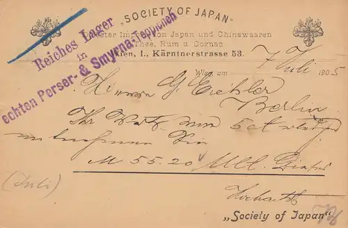 Autriche: 1905: Carte postale de Vienne à Berlin, Perser-Smyrna Tapis