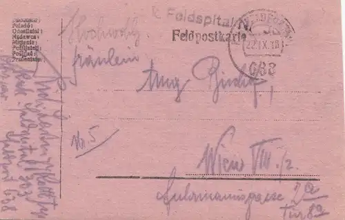 Autriche: 1918: Carte postale de Feldspital vers Vienne