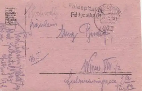 Österreich: 1918: Feldpostkarte Feldspital nach Wien