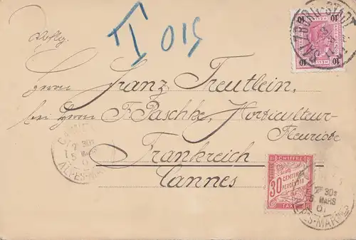 Autriche: 1901: Carte postale Salburg vers la France - Taxe