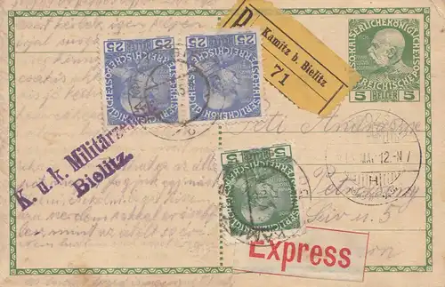 Österreich: 1915: Postkarte als Einschreiben von Bielitz-Express