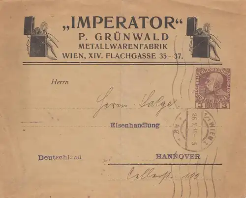 Autriche: 1910: Lettre Empereur Métallurgie de Vienne à Hanovre, entier