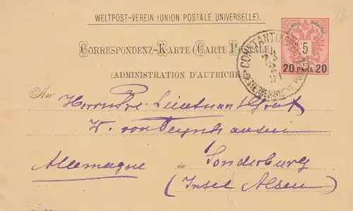 Ö-Levante 1891 Carte postale Constantinople vers Sarzburg, île d'Alsen, ANK Nr. 7b