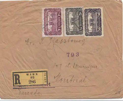 Ö: 1er République: 1921: Lettre recommandé Vienne vers Canada/Montreal