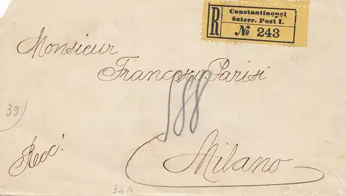 Ö-Levante: 1908: Lettre recommandé Constantinople vers Milano