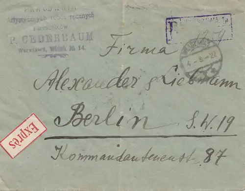 Pologne: 1922: Lettre recommandé/Express Varsovie vers Berlin
