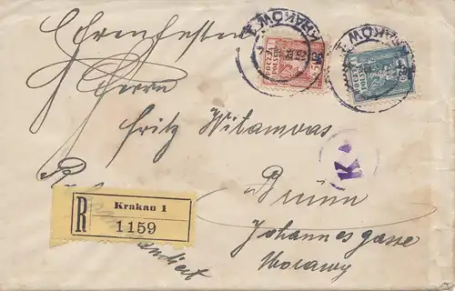 Polen: 1919: Einschreiben Krakau nach Brünn mit Briefinhalt
