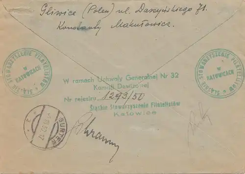 Polen: 1950: Einschreiben Katowice nach Österreich