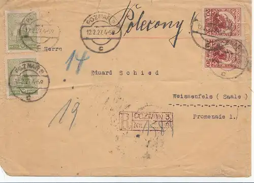 Pologne: 1927 Poznan, vers Weissenfels, recommandé