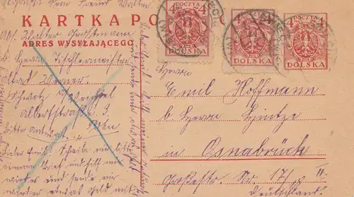 Pologne: 1921: carte postale vers Osnabrück