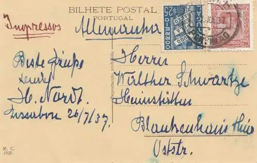 Portugal: 1937: Ansichtskarte nach Blankenhain