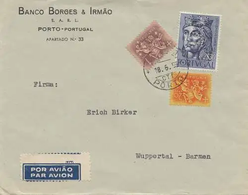 Portugal: 1955 Luftpost Porto nach Wuppertal - Perfin