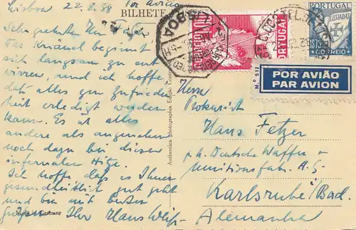 Portugal: 1958: Ansichtskarte Lisboa per Luftpost nach Karlsruhe