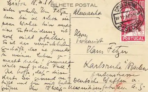 Portugal: 1937: Ansichtskarte Lisboa nach Karlsruhe