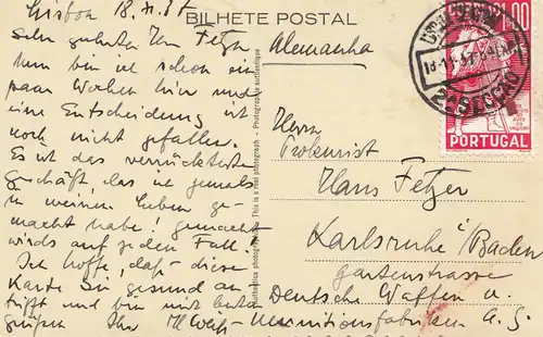 Portugal: 1937: Ansichtskarte Lisboa nach Karlsruhe