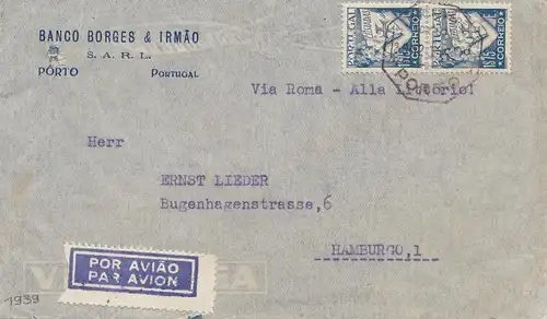 Portugal: 1940: Porto comme courrier aérien à Hambourg avec rétrocresse, Perfin