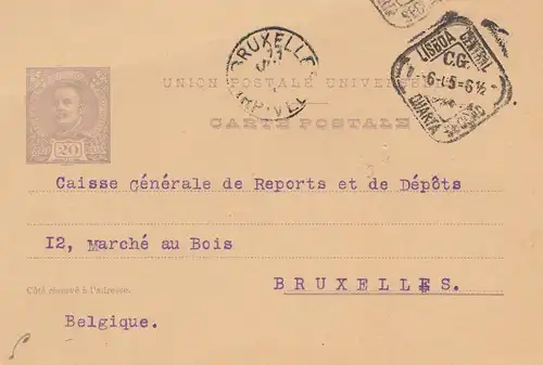 Portugal: 1905: Ganzsache von Lisboa nach Brüssel