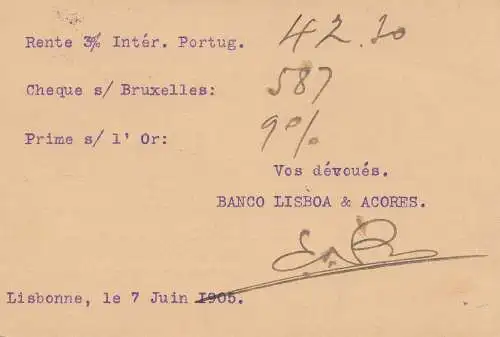 Portugal: 1905: Ganzsache von Lisboa nach Brüssel