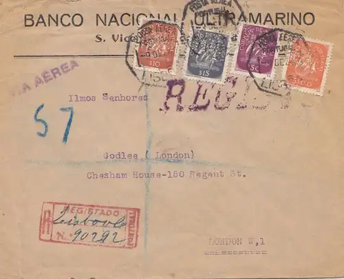 Portugal: 1947: Einschreiben Lisbon nach London, Perfin