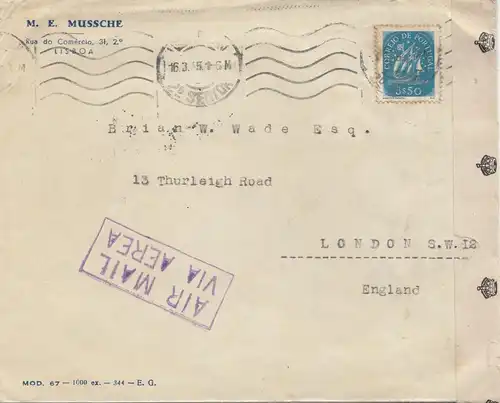 Portugal: 1945: Lisboa pour Londres, Air mail, censure