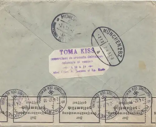 Rumänien: 1937: Arad als Einschreiben nach München, Devisenkontrolle