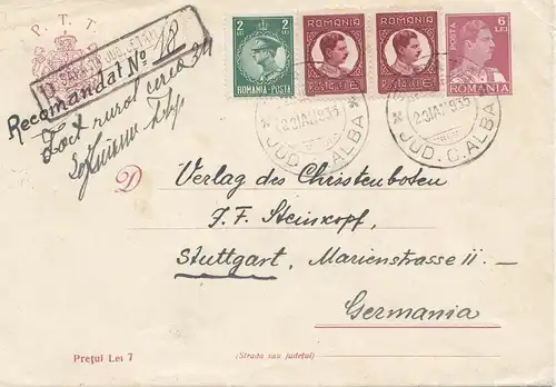 Roumanie: 1935 Barata à Stuttgart, billet recommandé par le Bahnpost-Breslau-BEUTHEN