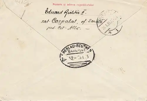 Roumanie: 1935 Barata à Stuttgart, billet recommandé par le Bahnpost-Breslau-BEUTHEN