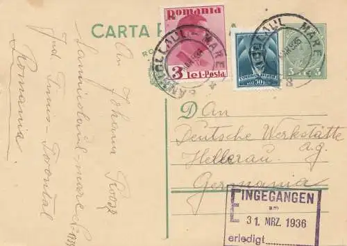 Rumänien: 1936: Ganzsache nach Hellerau