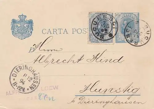 Rumänien: 1894: Bucaresti nach Hunstig