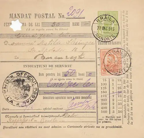 Roumanie: 1913: Braila après Bucaresti Mandat Postal