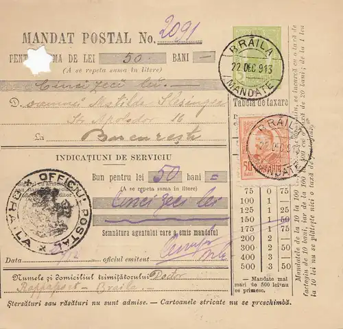 Rumänien: 1913: Braila nach Bucaresti Mandat Postal