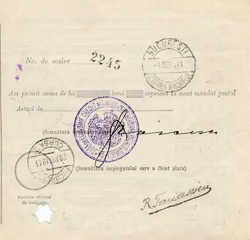 Roumanie: 1911: Mandat du Postal Hus à Bucaresti
