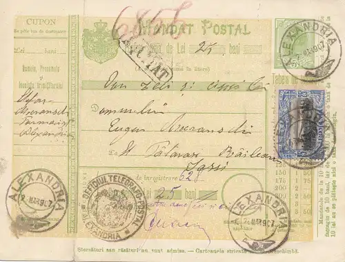 Roumanie: 1907: Mandat Postal Alexandria à Lassy