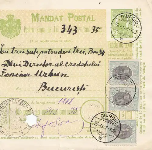 Roumanie: Mandat Postal Giurgiu après Bucaresti en 1909