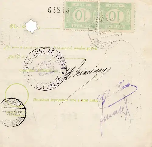 Roumanie: Mandat Postal Giurgiu après Bucaresti en 1909