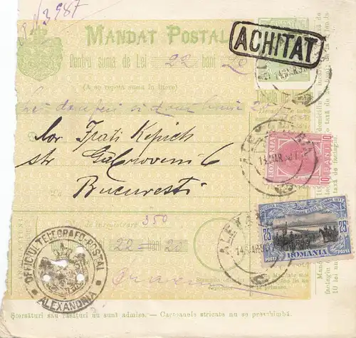 Roumanie: Mandat Postal Alexandria après Bucaresti 14.03.1907
