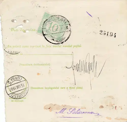 Roumanie: Mandat Postal Alexandria après Bucaresti 14.03.1907