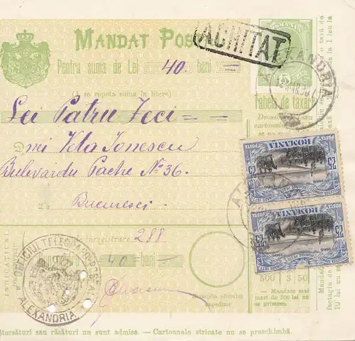 Roumanie: 12.03.1907: Mandat du Postal Alexandria à Bucarest