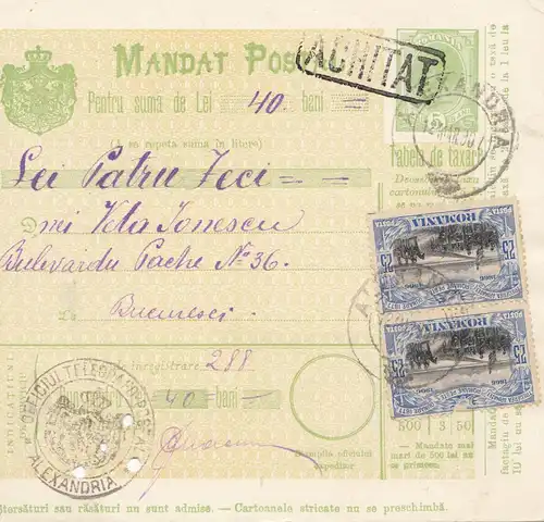 Rumänien: 12.03.1907: Mandat Postal Alexandria nach Bucaresti