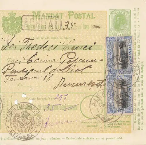 Roumanie: Mandat Postal Alexandria après Bucaresti 12.03.1907