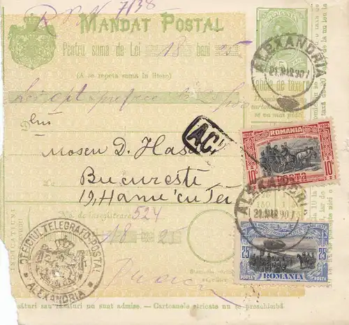 Roumanie: Mandat Postal 21.03.1907 Alexandria à Bucaresti