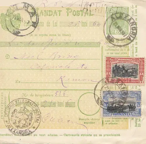 Roumanie: 1907: Mandat du Postal Alexandria vers Romana