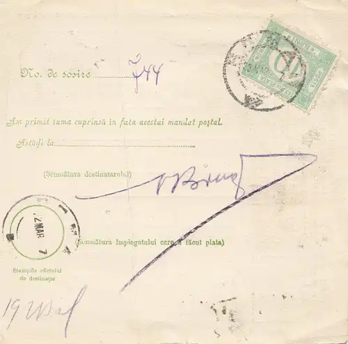 Roumanie: 1907: Mandat du Postal Alexandria vers Romana