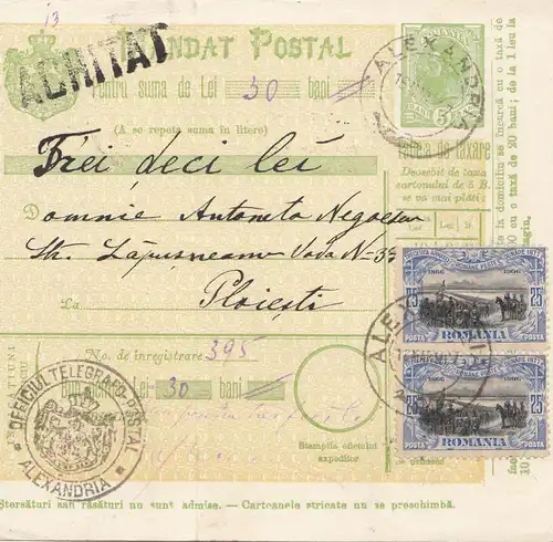 Roumanie: Mandat de Postal Alexandria à Ploesti en 1907,
