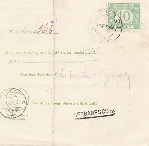Roumanie: Mandat de Postal Alexandria à Ploesti en 1907,