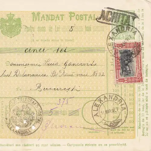 Rumänien: 15.03.1907: Mandat Postal Alexandria nach Bucaresti